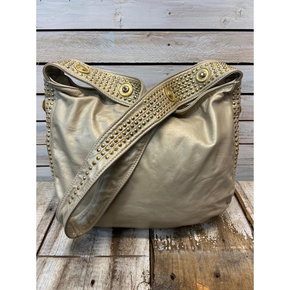 Vintage Gold Leather Studded Hobo Bag Lion Head Medallion Large Shoulder Bag